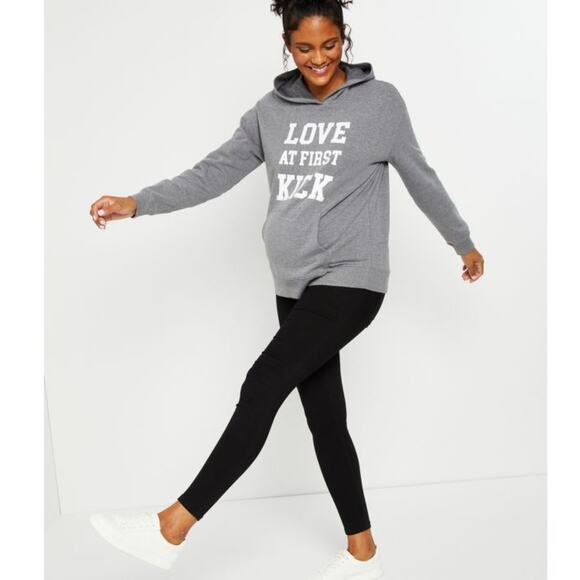 Motherhood Maternity Love at First Kick Graphic Gray w/ Pocket Sweatshirt XS NWT - Picture 2 of 3